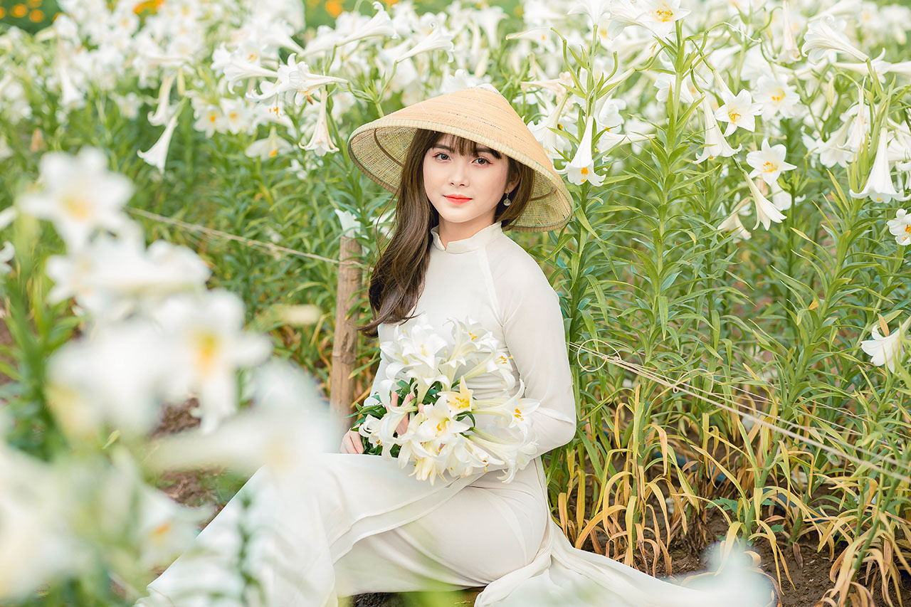 thiếu nữ bên hoa loa kèn