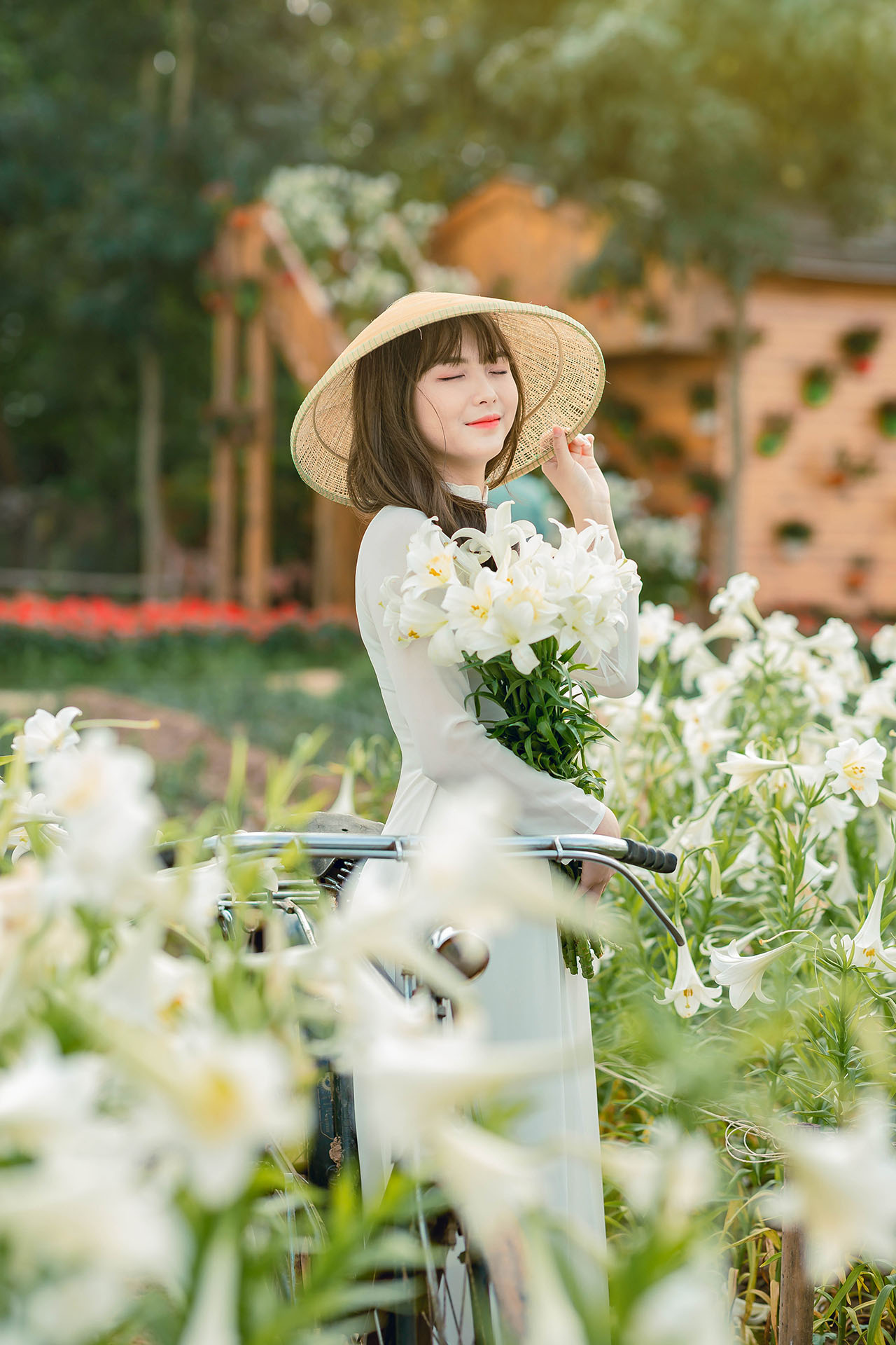 thiếu nữ bên hoa loa kèn