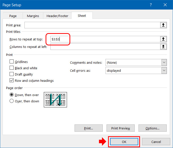 Lặp lại dòng tiêu đề trong Excel