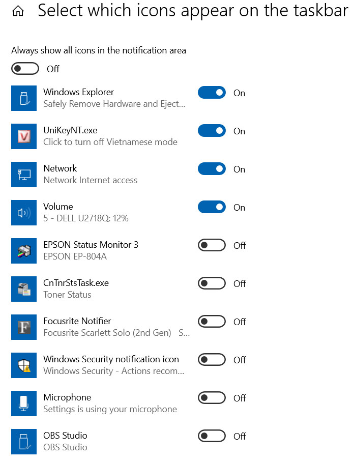 Select wich icons appear on the taskbar